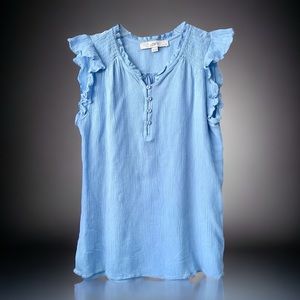 Baby Blue Shirred Mixed Media Ruffle Shell w\Buttons -Small Petite - NEVER WORN